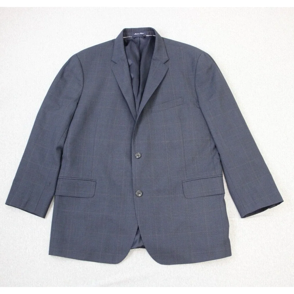 Lands' End‎ Blazer Mens 46R Navy Blue Plaid 100% Wool Tailored Fit 2-Buttons